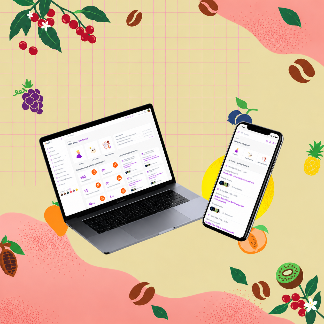 Tastify desktop and mobile interfaces for coffee cupping and sample evaluation.