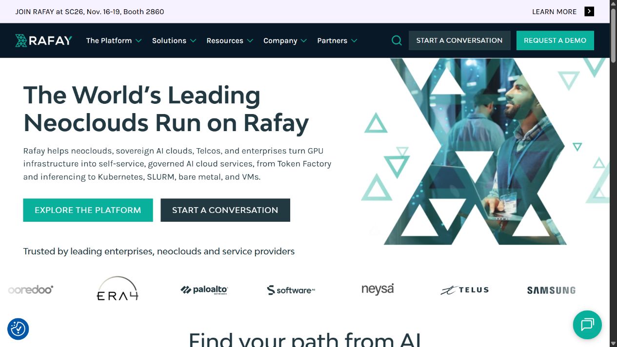 Rafay homepage with teal navigation accents, a bold headline and geometric photographic artwork.